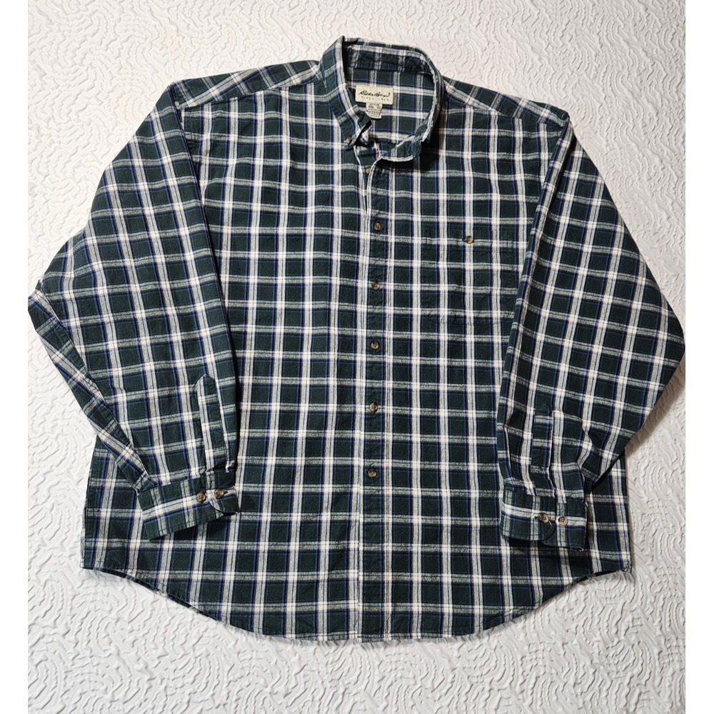 Eddie Bauer Mens Heavy 100% Cotton Shirt XXL Forrest Green/White Plaid PreOwned